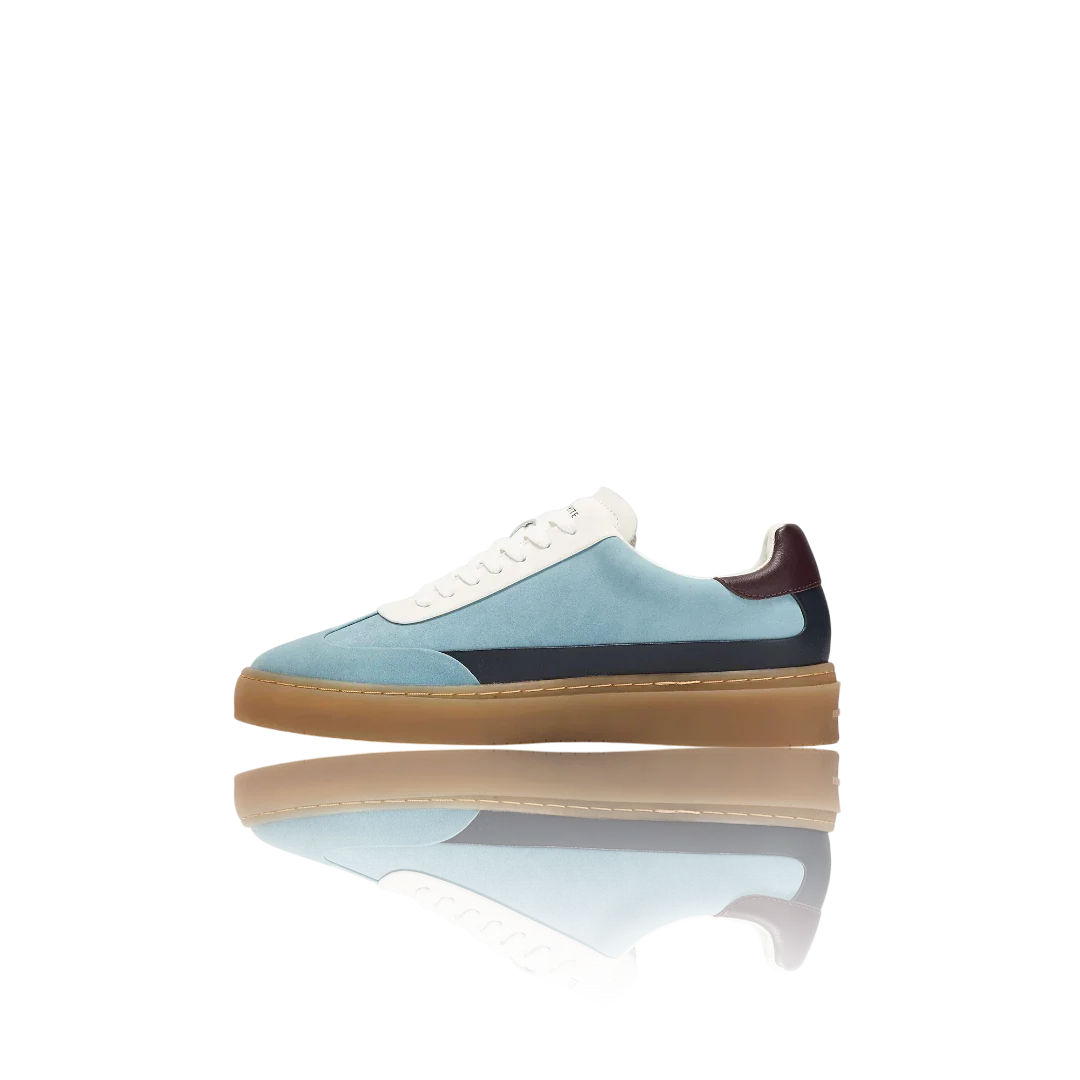 Pale Blue Burgundy White Leather-Trimmed Suede Sneakers
