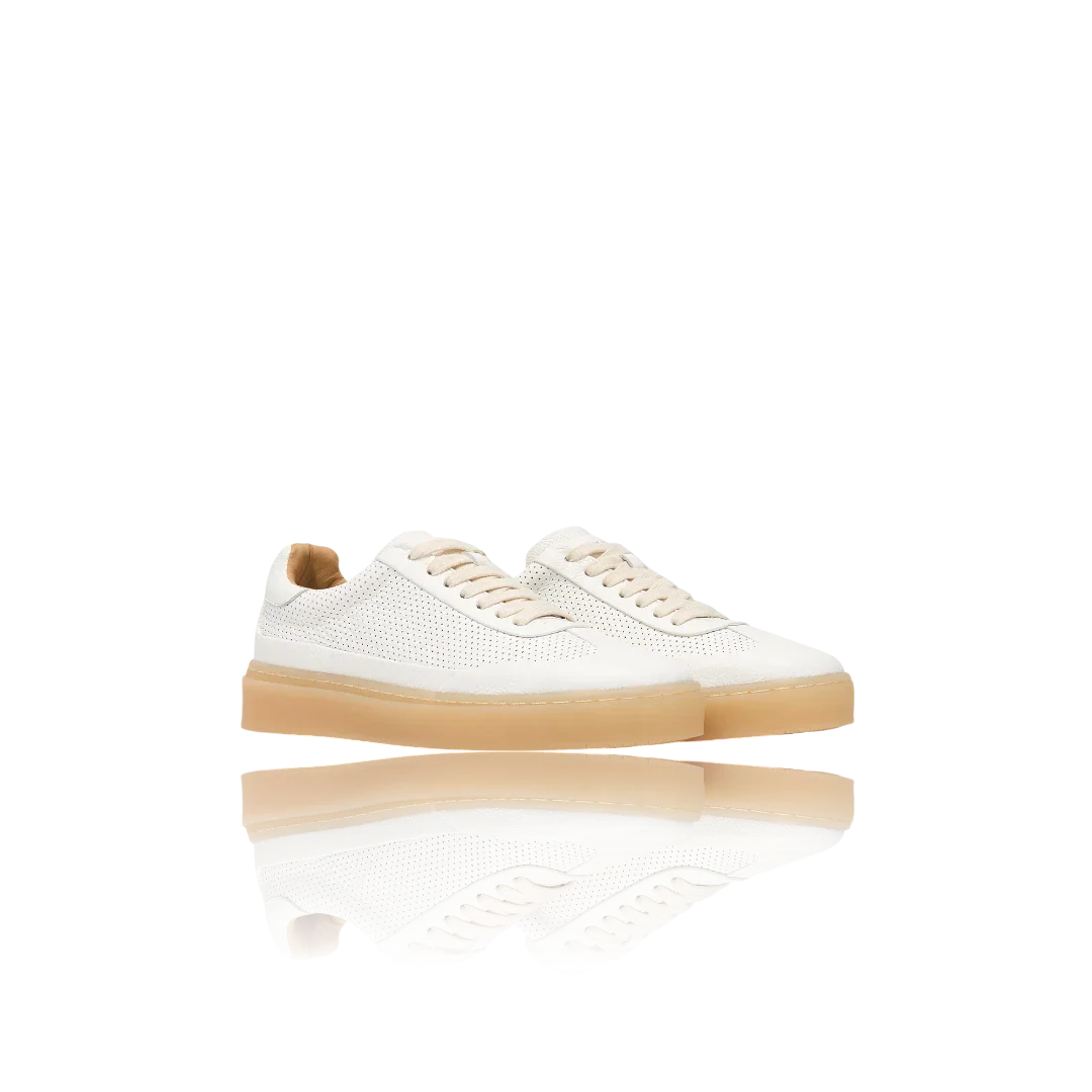 White Leather-Trimmed Perforated Leather Sneakers