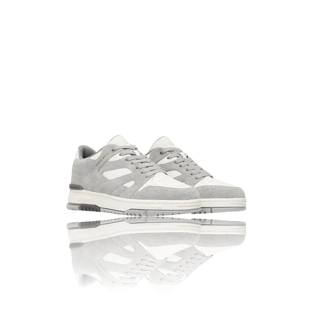 White Grey Suede-Trimmed Leather Sneakers