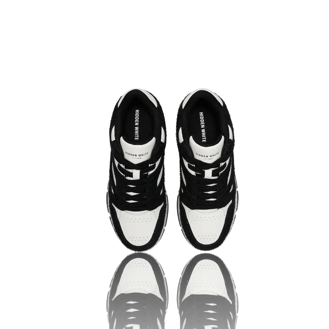 White Black Suede-Trimmed Leather Sneakers