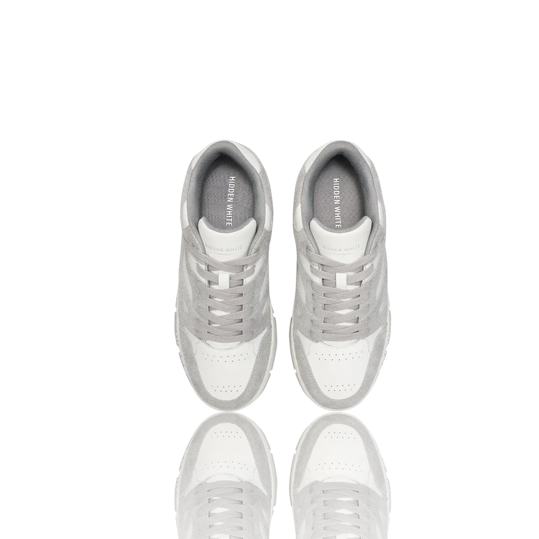 White Grey Suede-Trimmed Leather Sneakers